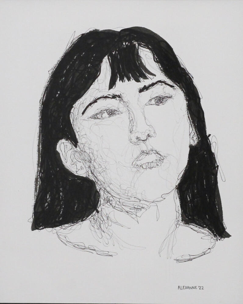 Pensive, 9&quot;x12&quot;, 2022, Stylo &amp; feutre sur papier, 65$ juste l&#39;oeuvre ou 75$ encadré