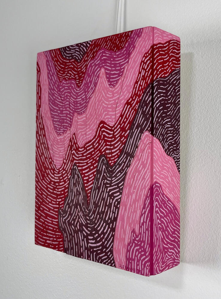 Vue de coté de Mirage, 6''x8'', 2025, Acrylique et contreplaqué scié sur panneau de bois galerie, 75$