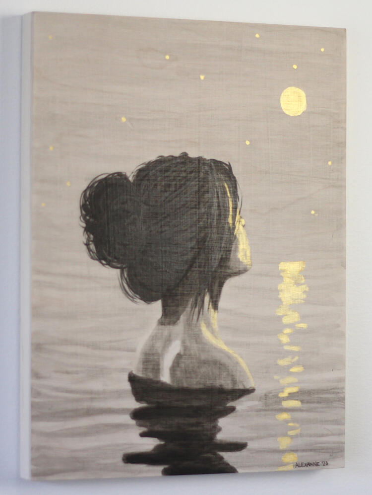 Bain de minuit, 9&quot;x12&quot;, 2023, Encre de Chine et acrylique sur panneau de bois