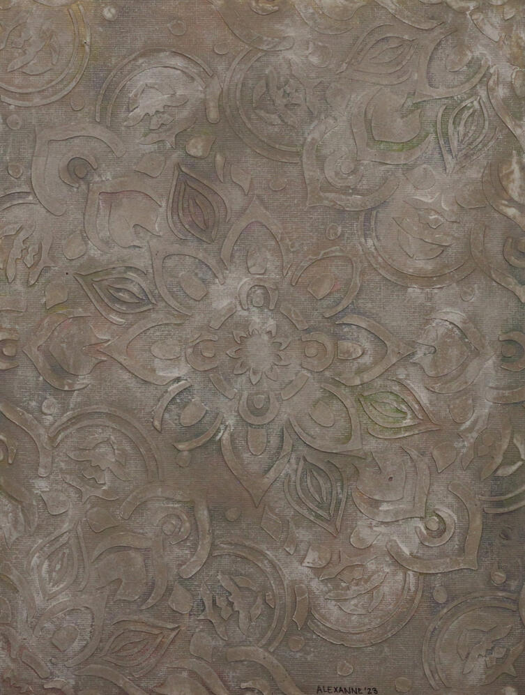 Mandalas, 9"x12", 2023, Acrylique et mortier sur toile cartonnée, 75$