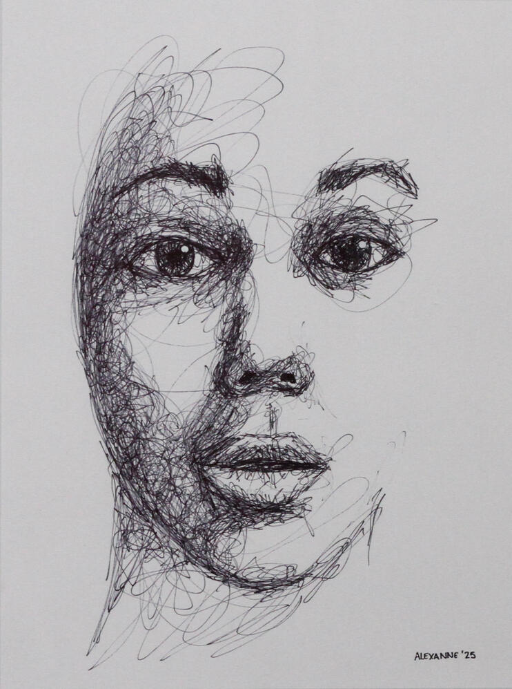 Petite surprise, 9"x12", 2025, Sharpie sur papier, 90$ encadré ou 80$ juste l'oeuvre