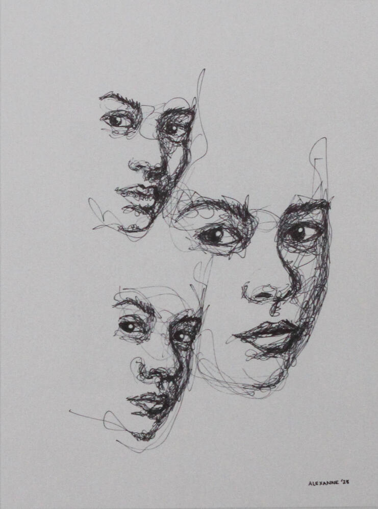 Curiosité, 9"x12", 2025, Sharpie sur papier, 80$ juste l'oeuvre ou 90$ encadré