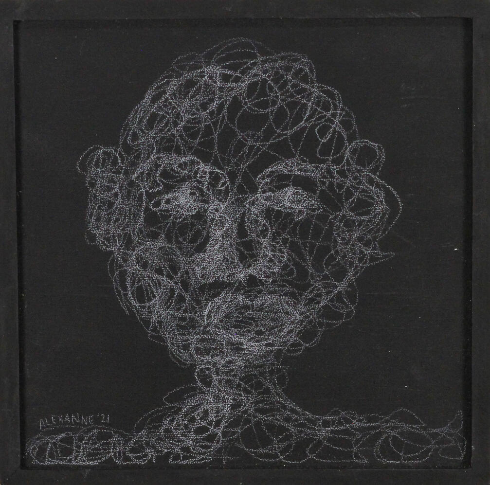 Jason, 6"x6", 2021, Crayon de bois sur panneau de bois, 35$